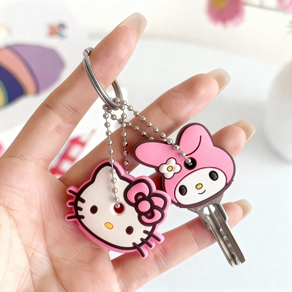 Hello Kitty & My Melody Characters Silicone Key Cap – Anti-Lost Key Holder with Metal Chain (Random Character-Pack of 3)
