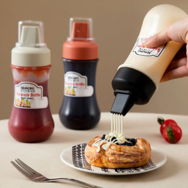 5 Hole Squeeze Sauce Bottle (280ML) – Portable Plastic Condiment Dispenser with Lid | Buy 1 Get 1 Free | Multi-Hole Sauce & Dressing Bottle for Kitchen