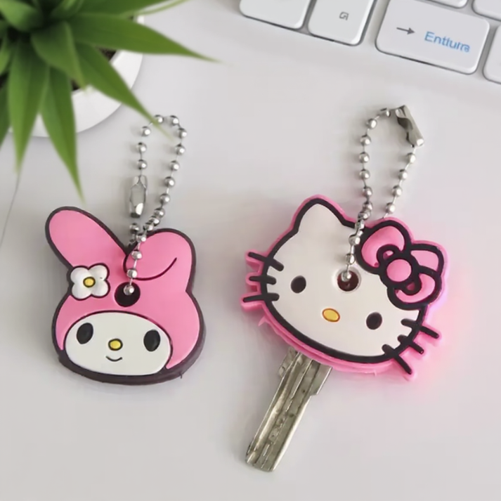 Hello Kitty & My Melody Characters Silicone Key Cap – Anti-Lost Key Holder with Metal Chain (Random Character-Pack of 3)